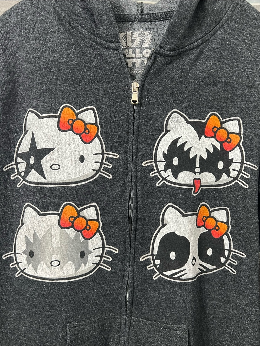Hello Kitty Kiss Band Graphic Dark Gray Zip Hoodie with Orange Bows Theme - Picture 3 of 9